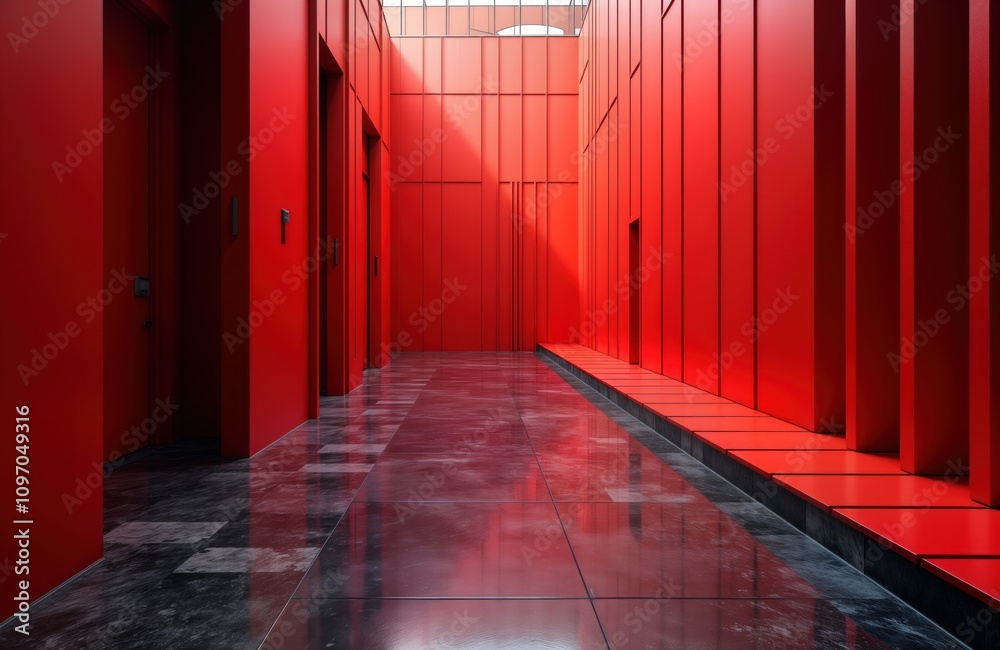 Poster red urban building corridor. modern architecture detail. geometric lines. steel structure. industria