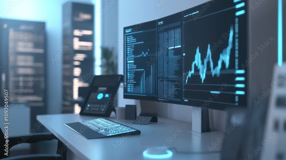 Leinwandbilder A modern workspace featuring multiple monitors displaying data analytics and graphs.