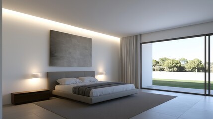 Fototapeta premium Modern Minimalist Bedroom with Large Windows, Soft Color Palette, Natural Light and Scenic Outdoor View in a Contemporary Home Setting