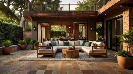 Fototapeta premium Luxurious outdoor patio with sectional sofa, coffee table, and lush landscaping.