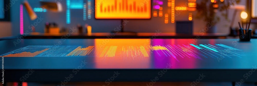Poster A modern workspace with digital data visualizations and vibrant lighting.