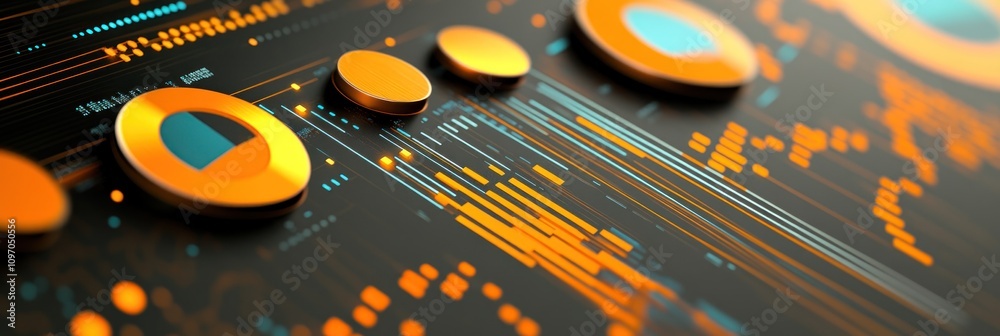 Poster Abstract digital interface with circular elements and data patterns.