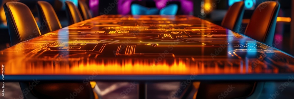 Aufkleber a modern conference table with a circuit board design, illuminated for a tech-oriented setting.