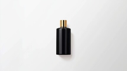 Obraz premium Elegant Black Bottle with Gold Cap on a White Background, Perfect for Perfume or Cosmetic Product Photography, Minimalist Style and Modern Design