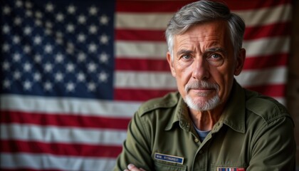 Fototapeta premium Veteran portrait. Senior man army officer. Grey haired male US soldier. American flag background. Military person. Armed forces. Patriotic theme. Remembrance Day. Veterans Day. Memorial Day.