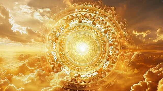 Golden celestial mandala shines brightly amidst a radiant sunrise sky