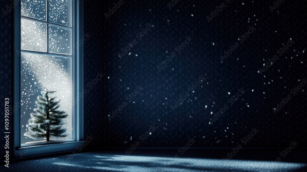 Poster a cozy room with a window showing snow and a small christmas tree.