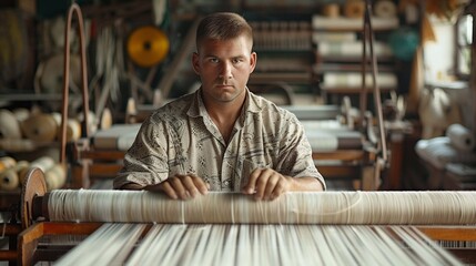 Obraz premium A man focuses on weaving threads at a loom in a bustling textile workshop filled with materials