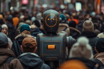 A robot interacts with many people in a busy urban setting during a vibrant afternoon