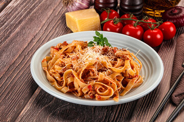 Italian pasta bolognese with beef minced meat