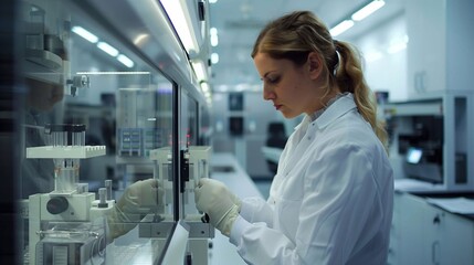 A scientist conducts experiments in a tech lab using advanced instruments for analysis