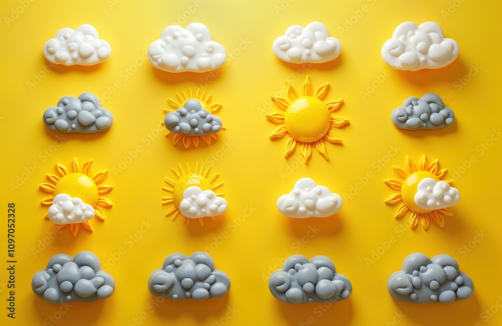Aufkleber colorful weather icons sun clouds rain yellow background. minimalistic design app web. meteorology f