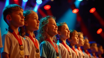 Children line up on stage, smiling as they receive medals at an awards ceremony