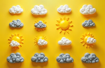 Colorful weather icons sun clouds rain yellow background. Minimalistic design app web. Meteorology forecast climate app. Weather app design element. Sun symbol cloud symbol.