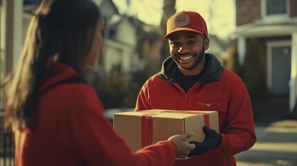 Service-oriented courier in red uniform passing package with smile in community-focused setting