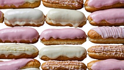 Eclairs with pink glaze on a white background