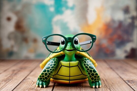 Adorable Mini Green Turtle in Trendy Glasses Against Creative Studio Background