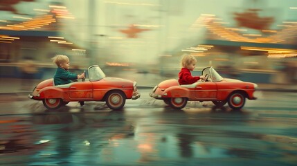 Obraz premium Two children joyfully racing in their small toy cars at a funfair under the evening sky