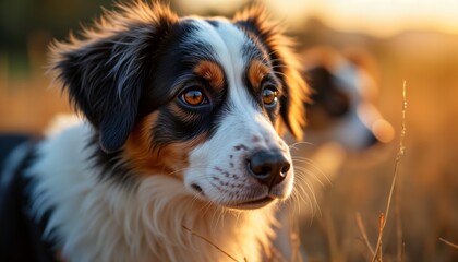 Adorable dog face closeup. Tricolor Australian Shepherd puppy. Golden hour light. Pet care banner image. Animal companion. Web banner. Social media.
