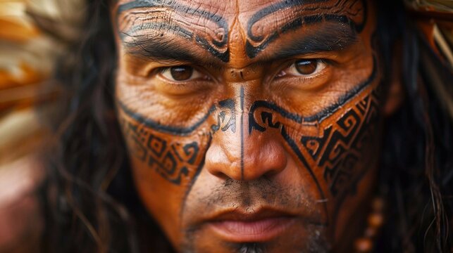 A Maori warrior displays intricate moko tattoos during a vibrant cultural celebration in Polynesia