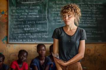 A teacher stands before a chalkboard, interacting with attentive students in a lively classroom