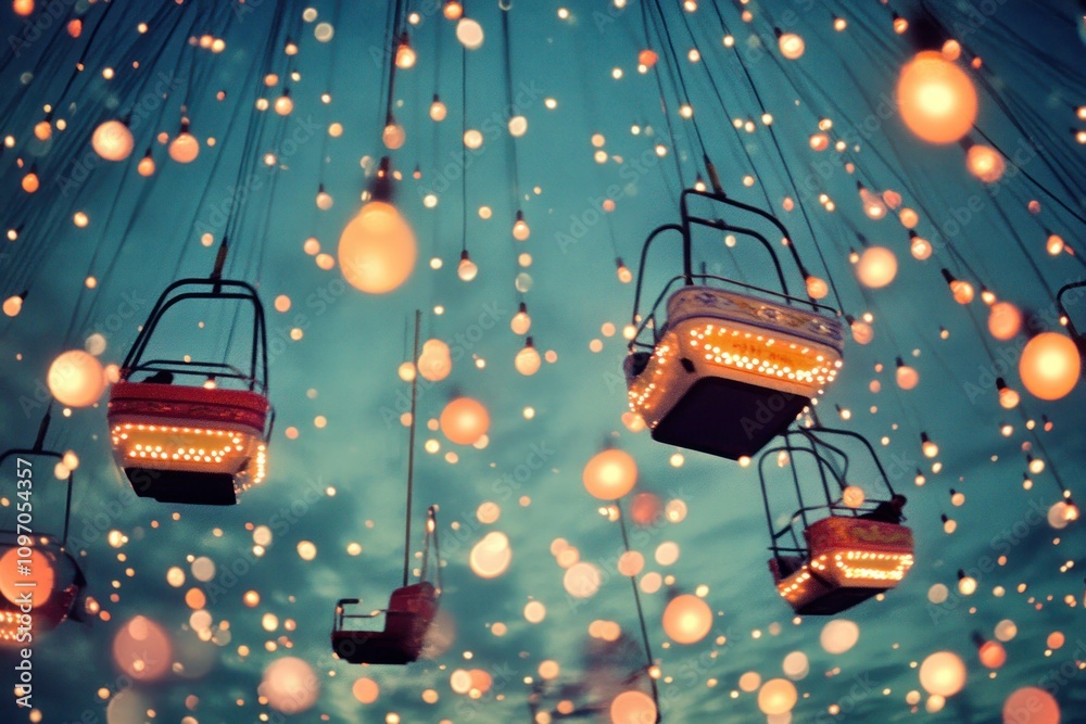 Poster a whimsical scene of illuminated gondolas hanging against a twilight sky.