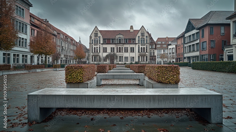 Poster a serene urban square featuring benches and modern architecture under a cloudy sky.