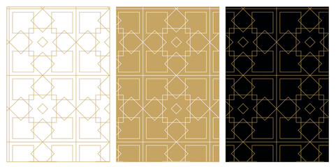 Set of patterns with crosses, stripes, lines. Seamless vector background. White, gold and black ornament. Modern reticulated graphic design.