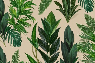 Obraz premium Vibrant Green Forest Foliage and Animal Textures on Soft Beige Background