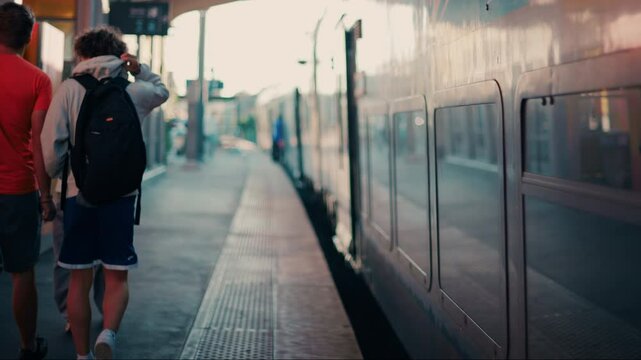 Blurry view of people and trains moving at the Nice Train Station