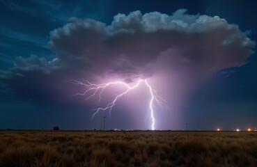 Lightning strikes flat land at night. Dramatic thunderstorm over New Mexico field. Powerful bolt hits ground. Dark sky with huge cloud. Stormy weather. Nature scene.