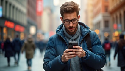 Man uses phone walking city street. He texts message. Urban lifestyle. Modern tech. Public communication. Digital connectivity. Busy city life. Smartphone user. Mobile device. Casual winter wear.