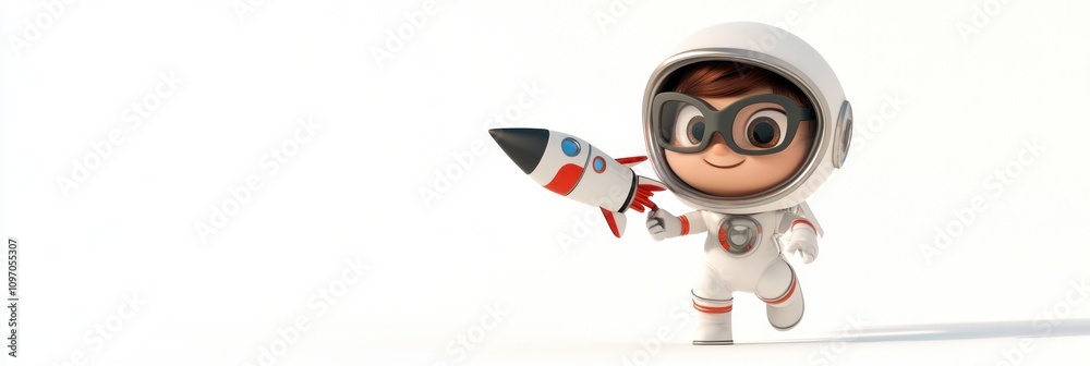 Poster a cheerful child in an astronaut suit runs with a toy rocket, embodying adventure and exploration.