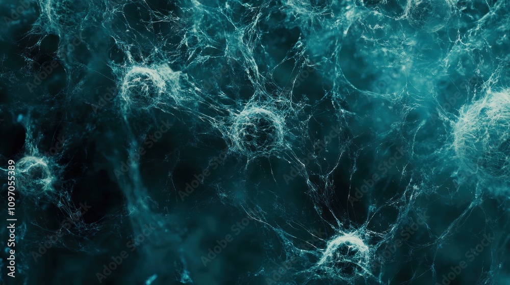Fototapete abstract representation of cellular structures in a blue, ethereal environment.