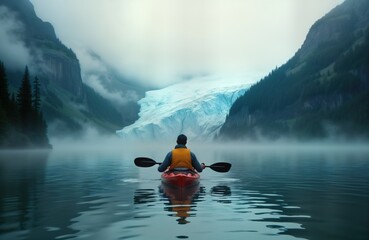 Kayaker paddles on calm lake. Man rows kayak towards glacier. Misty morning. Mountains surround water. Solo adventure. Peaceful nature scene. Water sport. Extreme travel. Explore wilderness. Kayak