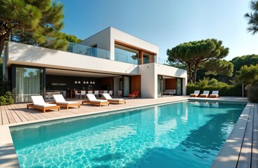 Fototapeta premium Modern villa boasts infinity pool sunbeds. Luxury home patio offers relaxation. Mediterranean house architecture. Summer vacation destination. Ideal for travel holiday brochures.
