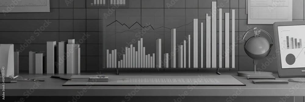 Aufkleber A monochrome office setup with graphs and data displays for analysis and presentation.