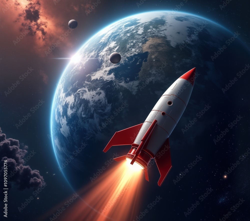 Poster rocket launches into space. earth planet with moons. galaxy stars background. space travel explorati