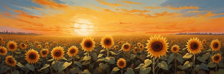Fototapeta premium Wide Sunflower at the Sunset painting illustration image, Wide painting for wide wall.