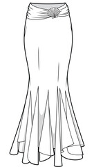 womens long mermaid skirt flat sketch vector illustration technical cad drawing template