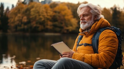 Obraz premium Nature sketching adventure lakeside retreat outdoor activity autumn landscape serene viewpoint creative inspiration
