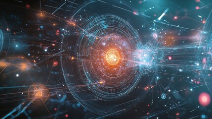 Fototapeta premium Futuristic visualization of a Type III civilizations AIoperated quantum computing network synchronizing energy flows across multiple dimensions and parallel universes depicted with advanced graphics