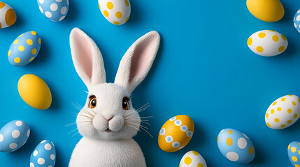 A cute white bunny surrounded by colorful decorated eggs on a bright blue background, perfect for Easter celebrations.