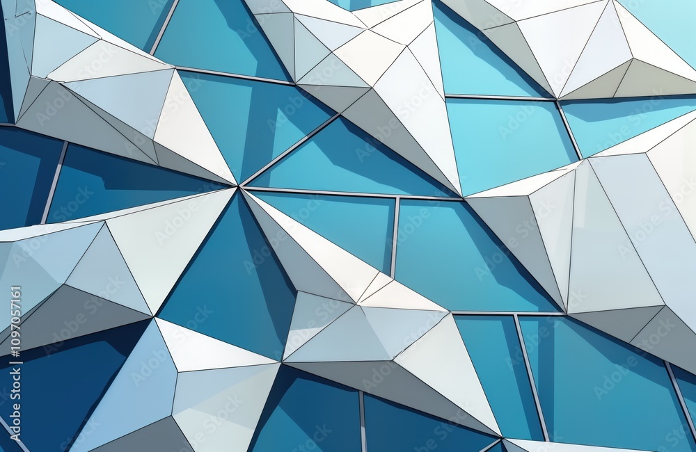 Poster Abstract geometric building facade. Modern architecture design. Blue glass triangle panels. White triangular shapes. Contemporary urban city exterior. Sleek angular structure. Futuristic building