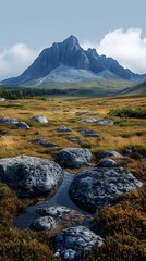 Majestic mountain peak rises over a serene grassy landscape.