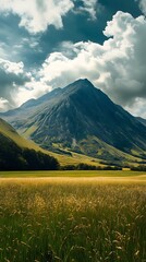 Fototapeta premium Majestic mountain landscape with lush fields under a dramatic sky.