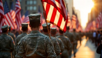 Naklejka premium Military parade soldiers march city street. American flags wave. Patriotic event. Veterans Day Remembrance. Honor military service. People watch parade. USA army uniform. National holiday celebration.