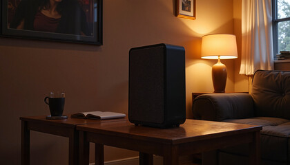 Stylish black speaker on wooden table in cozy living room, warm lighting, perfect for music enjoyment