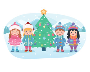 Merry Christmas concept. Cute and friendly multinational children holding hands and Christmas tree on white background. Poster, Banner, Flyer, Greeting Card. Vector illustration in flat cartoon style
