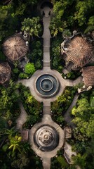 Fototapeta premium Aerial view of serene gardens with intricate paths and tranquil water features.